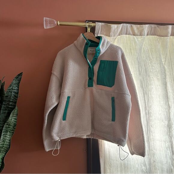Wilo The Label Cozy Fleece Pullover Cream Green Sherpa Jacket Snap Collar Size M - Picture 1 of 5